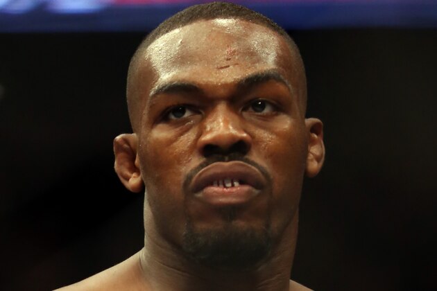 Jon Jones is seen in the ring before his UFC 159 Mixed Martial Arts light heavyweight title bout in Newark, NJ, Saturday, April 27,2013.  Jones retained his title via first round TKO. (AP Photo/Gregory Payan)