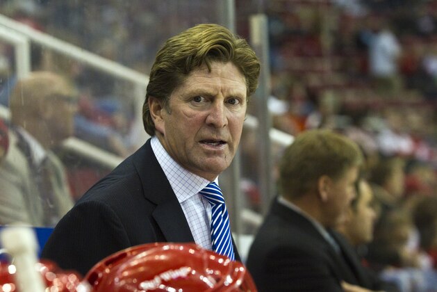 Detroit Red Wings head coach Mike Babcock shouts at his bench in the first period of a preseason NHL hockey game with the Philadelphia Flyers, Friday, Sept. 23, 2011, in Detroit. (AP Photo/Tony Ding)