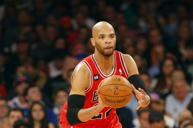 Apr 13, 2014; New York, NY, USA;  Chicago Bulls forward Taj Gibson (22) brings the ball up court during the first half against the New York Knicks at Madison Square Garden. Mandatory Credit: Jim O'Connor-USA TODAY Sports