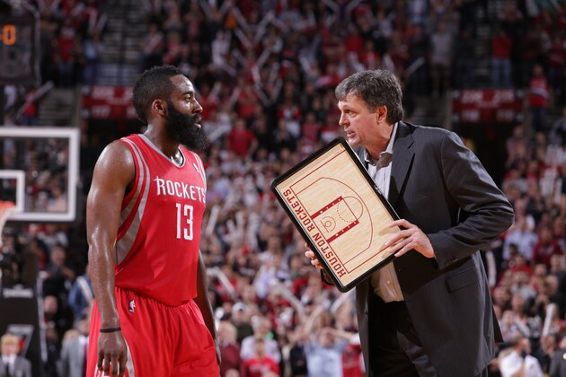 PORTLAND, OR - APRIL 25:  James Harden #13 of the Houston Rockets talks to coach, Kevin McHale, against the Portland Trail Blazers in Game Three of the Western Conference Quarterfinals during the 2014 NBA Playoffs on April 25, 2014 at the Moda Center in Portland, Oregon. NOTE TO USER: User expressly acknowledges and agrees that, by downloading and or using this photograph, User is consenting to the terms and conditions of the Getty Images License Agreement. Mandatory Copyright Notice: Copyright 2014 NBAE (Photo by Sam Forencich/NBAE via Getty Images)