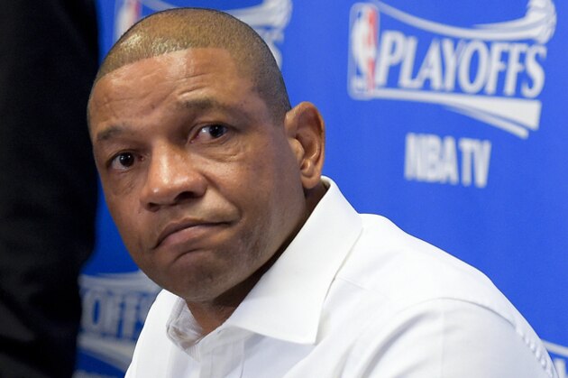 Los Angeles Clippers coach Doc Rivers speaks during a news conference before Game 5 of an opening-round NBA basketball playoff series between the Clippers and the Golden State Warriors on Tuesday, April 29, 2014, in Los Angeles. NBA Commissioner Adam Silver announced Tuesday that Clippers owner Donald Sterling has been banned for life by the league for making racist comments that hurt the league. (AP Photo)