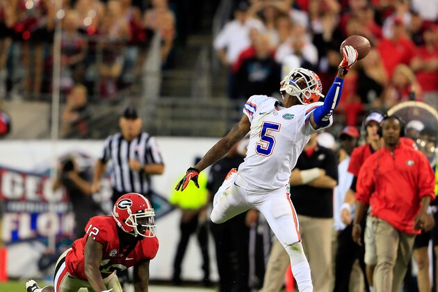 JACKSONVILLE, FL - OCTOBER 27:  Marcus Roberson #5 of the Florida Gators attempts a reception over Tavarres King #12 of the Georgia Bulldogs during the game at EverBank Field on October 27, 2012 in Jacksonville, Florida.  (Photo by Sam Greenwood/Getty Images)