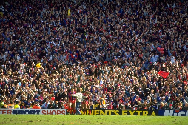 1990:  General view of supporters celebrating after Pardew of Crystal Palace scores the winning goal during the FA Cup Semi-Final against Liverpool at Villa Park in Birmingham, England. Crystal Palace won the match 4-3. \ Mandatory Credit: Dan  Smith/Allsport