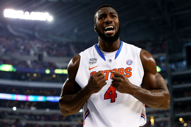 ARLINGTON, TX - APRIL 05: Patric Young #4 of the Florida Gators reacts against the Connecticut Huskies during the NCAA Men's Final Four Semifinal at AT&T Stadium on April 5, 2014 in Arlington, Texas.  (Photo by Ronald Martinez/Getty Images)