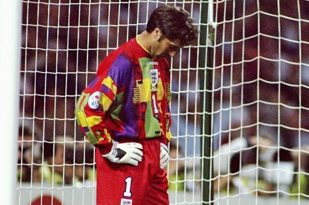 26 Jun 1996:  David Seaman of Engalnd prepares for another penalty kick during the European soccer championships semi final match between England and Germany at Wembley Stadium, London. Germany won the match after extra time in a penalty shoot out by 1(6) 1(5). Mandatory Credit: Simon Bruty/Allsport UK