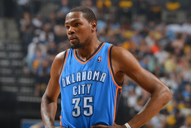 DALLAS, TX - APRIL 26:  Kevin Durant #35 of the Oklahoma City Thunder during a game against the Memphis Grizzlies in Game Four of the Western Conference Quarterfinals during the 2014 NBA Playoffs on April 26, 2014 at the FedEx Forum in Memphis, TN. NOTE TO USER: User expressly acknowledges and agrees that, by downloading and/or using this Photograph, user is consenting to the terms and conditions of the Getty Images License Agreement. Mandatory Copyright Notice: Copyright 2013 NBAE (Photo by Jesse D. Garrabrant/NBAE via Getty Images)