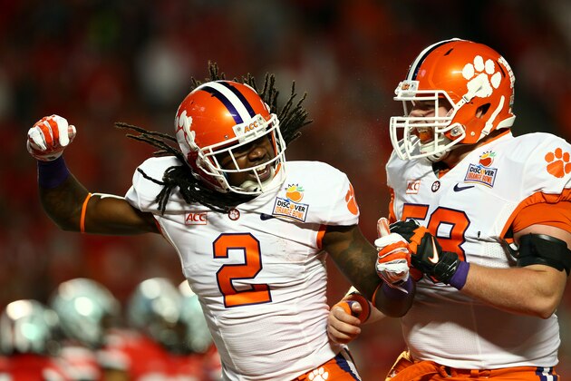 MIAMI GARDENS, FL - JANUARY 03:  Sammy Watkins #2 and Ryan Norton #58 of the Clemson Tigers celebrate after a Watkins touchdown in the first quarter against the Ohio State Buckeyes during the Discover Orange Bowl at Sun Life Stadium on January 3, 2014 in Miami Gardens, Florida.  (Photo by Streeter Lecka/Getty Images)