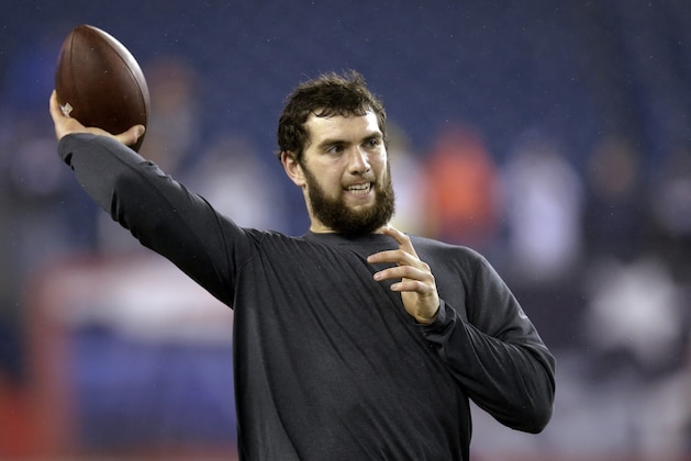 Indianapolis Colts quarterback Andrew Luck warms before an AFC divisional NFL playoff football game against the New England Patriots in Foxborough, Mass., Saturday, Jan. 11, 2014. (AP Photo/Stephan Savoia)