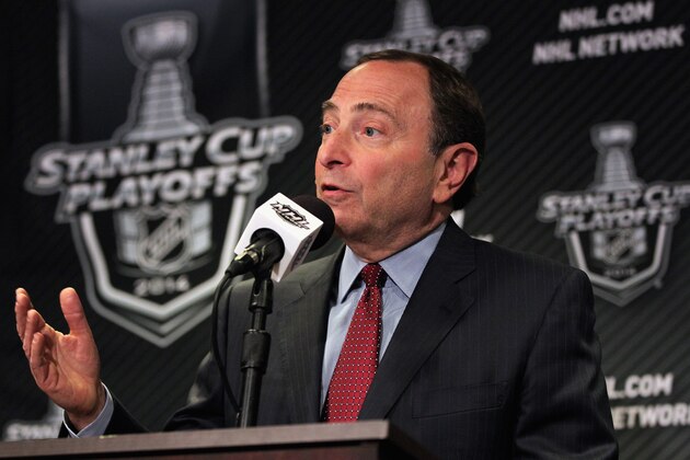 PHILADELPHIA, PA - APRIL 22: NHL Commissioner Gary Bettman speaks to the media prior to the Philadelphia Flyers playing the New York Rangers in Game Three of the First Round of the 2014 Stanley Cup Playoffs at the Wells Fargo Center on April 22, 2014 in Philadelphia, Pennsylvania.  (Photo by Len Redkoles/NHLI via Getty Images)