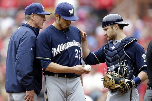 Milwaukee Brewers starting pitcher Matt Garza, center, gets a pat on the back from catcher Jonathan Lucroy while leaving a baseball game due to an injury as manager Ron Roenicke, left, stands by during the fourth inning of a baseball game against the St. Louis Cardinals Wednesday, April 30, 2014, in St. Louis. (AP Photo/Jeff Roberson)