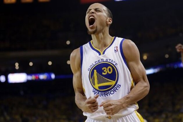 FILE - In this April 27, 2014, file photo, Golden State Warriors' Stephen Curry celebrates after scoring against the Los Angeles Clippers during the first half in Game 4 of an opening-round NBA basketball playoff series  in Oakland, Calif.