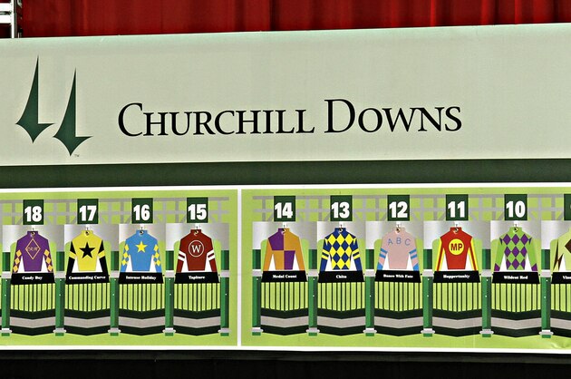 The full field of 20 horses for the 140th running of the Kentucky Derby is displayed on a board following the post position draw at Churchill Downs in Louisville, Ky., Wednesday, April 30, 2014.  (AP Photo/Garry Jones)