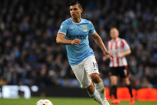 Manchester City's Sergio Aguero during the English Premier League soccer match between Manchester City and Sunderland at The Etihad Stadium, Manchester, England, Wednesday, April  16, 2014. (AP Photo/Rui Vieira)