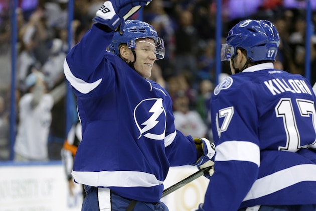 Tampa Bay Lightning left wing Ondrej Palat, of the Czech Republic,, left, celebrates with teammate Alex Killorn after scoring against the Columbus Blue Jackets during the second period of an NHL hockey game Friday, April 11, 2014, in Tampa, Fla. (AP Photo/Chris O'Meara)