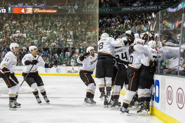 DALLAS, TX - APRIL 27: The Anaheim Ducks celebrate a game winning goal and a series clinching victory against the Dallas Stars in Game Six of the First Round of the 2014 Stanley Cup Playoffs at the American Airlines Center on April 27, 2014 in Dallas, Texas. (Photo by Glenn James/NHLI via Getty Images)