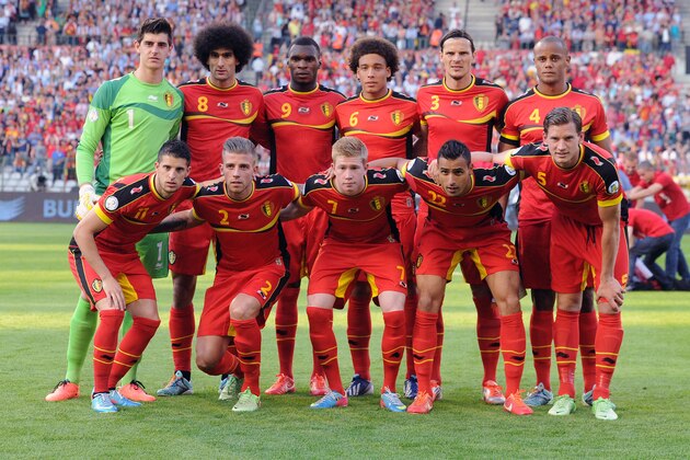 FILE - In this June 7, 2013 file photo, Belgium soccer team poses prior to the start the World Cup Group A qualifying soccer match between Belgium and Serbia at the King Baudouin Stadium in Brussels. Foreground from left: Kevin Mirallas, Toby Alderweireld, Kevin De Bruyne, Nacer Chadli, Jan Vertonghen. Background from left: Thibaut Courtois, Marouane Fellaini, Axel Witsel, Daniel Van Buyten, Vincent Kompany.  (AP Photo/Geert Vanden Wijngaert, File)