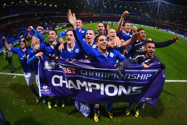 BOLTON, ENGLAND - APRIL 22:  Leicester City players celebrate winning the Championship after the Sky Bet Championship match between Bolton Wanderers and Leicester City at Reebok Stadium on April 22, 2014 in Bolton, England.  (Photo by Michael Regan/Getty Images)