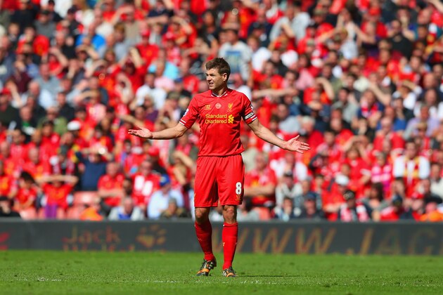 LIVERPOOL, ENGLAND - APRIL 27:  Steven Gerrard of Liverpool looks on during the Barclays Premier League match between Liverpool and Chelsea at Anfield on April 27, 2014 in Liverpool, England.  (Photo by Clive Brunskill/Getty Images)