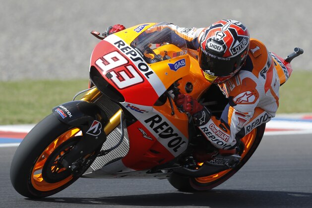 MotoGP rider Marc Marquez of Spain, rides his Honda motorcycle to win Argentina's Motorcycle Grand Prix at the Termas de Rio Hondo circuit, Argentina,  Sunday, April 27, 2014. (AP Photo/Victor R. Caivano)