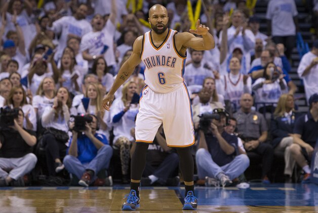 OKLAHOMA CITY, OK - April 29, 2014:  Derek Fisher #6 of the Oklahoma City Thunder during the game against the Memphis Grizzlies in Game 5 of the Western Conference Quarterfinals during the 2014 NBA Playoffs at the Chesapeake Arena on April 29, 2014 in Oklahoma City, Oklahoma. NOTE TO USER:  User expressly acknowledges and agrees that, by downloading and/or using this photograph, user is consenting to the terms and conditions of the Getty Images License Agreement. Mandatory Copyright Notice:  Copyright 2014 NBAE (Photo by Richard Rowe/NBAE via Getty Images)