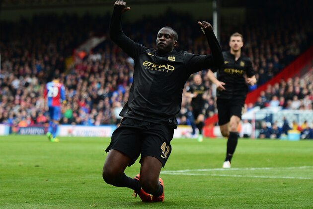 LONDON, ENGLAND - APRIL 27:  Yaya Toure of Manchester City celebrates scoring his team's second goal during the Barclays Premier League match between Crystal Palace and Manchester City at Selhurst Park on April 27, 2014 in London, England.  (Photo by Jamie McDonald/Getty Images)