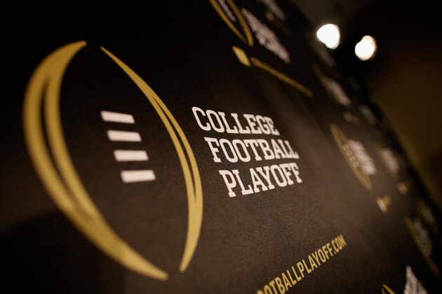 IRVING, TX - OCTOBER 16:  A detail view of the College Football Playoff logo shown during a press conference on October 16, 2013 in Irving, Texas. Condoleezza Rice, Stanford University professor and former United States Secretary of State, was chosen to serve as one of the 13 members that will select four teams to compete in the first playoff at the end of the 2014 season.  (Photo by Tom Pennington/Getty Images)