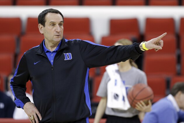 Duke head coach Mike Krzyzewski directs his team during practice at the NCAA college basketball tournament in Raleigh, N.C., Thursday, March 20, 2014. Duke plays Mercer in a second-round game on Friday. (AP Photo/Gerry Broome)