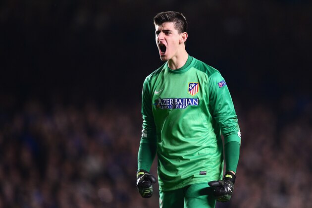 LONDON, ENGLAND - APRIL 30: Goalkeeper Thibaut Courtois of Club Atletico de Madrid celebrates a goal during the UEFA Champions League semi-final second leg match between Chelsea and Club Atletico de Madrid at Stamford Bridge on April 30, 2014 in London, England.  (Photo by Jamie McDonald/Getty Images)