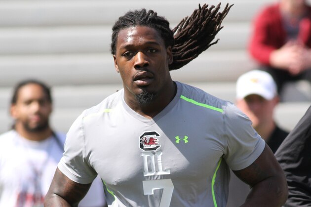 South Carolina defensive end Jadeveon Clowney competes in a drill for NFL representatives at South Carolina football pro day in Columbia, S.C., Wednesday, April 2, 2014. (AP Photo/Mary Ann Chastain)