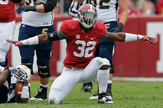 TUSCALOOSA, AL - NOVEMBER 23:  C.J. Mosley #32 of the Alabama Crimson Tide reacts after tackling Xavier Borishade #24 of the Chattanooga Mocs at Bryant-Denny Stadium on November 23, 2013 in Tuscaloosa, Alabama.  (Photo by Kevin C. Cox/Getty Images)