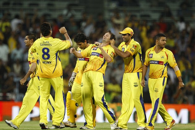 Chennai Super Kings' bowler Ben Hilfenhaus, third right, celebrates with teammates the dismissal of  Kolkata Knight Riders batsman Jacques Kallis, not seen, during their Indian Premier League (IPL) final cricket match in Chennai, India, Sunday, May 27, 2012.  (AP Photo/Aijaz Rahi)