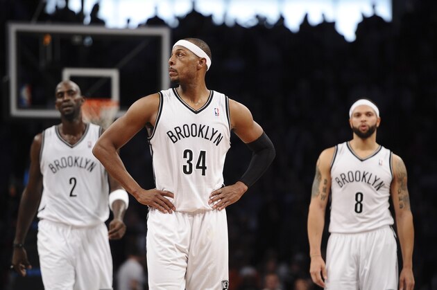 NEW YORK, NY - NOVEMBER 09:  Paul Pierce #34 of the Brooklyn Nets, Kevin Garnett #2 and Deron Williams #8 walk downcourt during the fourth quarter against the Indiana Pacers at Barclays Center on November 9, 2013 in the Brooklyn borough of New York City. The Pacers defeat the Nets 96-91. NOTE TO USER: User expressly acknowledges and agrees that, by downloading and/or using this photograph, user is consenting to the terms and conditions of the Getty Images License Agreement. (Photo by Maddie Meyer/Getty Images)