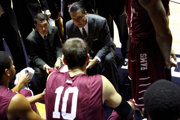 Jan 4, 2013; Oxford, MS, USA;  Fordham Rams head coach Tom Pecora instruct the players during a time out during the game against the Mississippi Rebels at the Tad Smith Coliseum.  Mississippi Rebels defeated the Fordham Rams 95-68.  Mandatory Credit: Spruce Derden–USA TODAY Sports