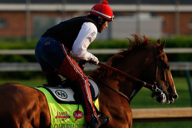 LOUISVILLE, KY - MAY 01:  Kentucky Derby contender California Chrome works during early morning workouts at Churchill Downs on May 1, 2014 in Louisville, Kentucky.  (Photo by Kevin C. Cox/Getty Images)