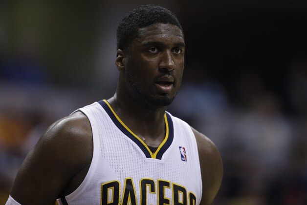 Indiana Pacers' Roy Hibbert (55) during the second half in Game 5 of an opening-round NBA basketball playoff series against the Atlanta Hawks Monday, April 28, 2014, in Indianapolis. Atlanta defeated Indiana 107-97. (AP Photo/Darron Cummings)