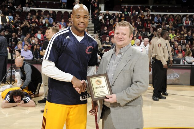 CLEVELAND, OH - APRIL 16:  Jarrett Jack #1 of the Cleveland Cavaliers receives the Austin Carr Good Guy Award prior to the game against the Brooklyn Nets at The Quicken Loans Arena on April 16, 2014 in Cleveland, Ohio. NOTE TO USER: User expressly acknowledges and agrees that, by downloading and/or using this Photograph, user is consenting to the terms and conditions of the Getty Images License Agreement. Mandatory Copyright Notice: Copyright 2014 NBAE (Photo by David Liam Kyle/NBAE via Getty Images)