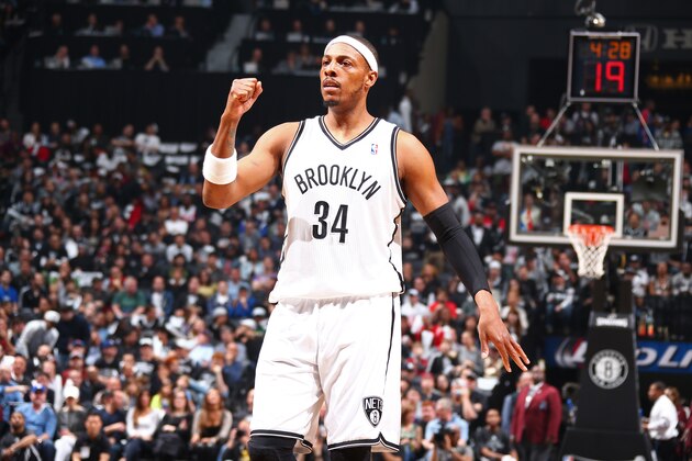 BROOKLYN, NY - APRIL 27:  Paul Pierce #34 of the Brooklyn Nets celebrates against the Toronto Raptors during Game Four of the Eastern Conference Quarterfinals  at Barclays Center in Brooklyn. NOTE TO USER: User expressly acknowledges and agrees that, by downloading and or using this photograph, User is consenting to the terms and conditions of the Getty Images License Agreement. Mandatory Copyright Notice: Copyright 2014 NBAE (Photo by Nathaniel S. Butler/NBAE via Getty Images)
