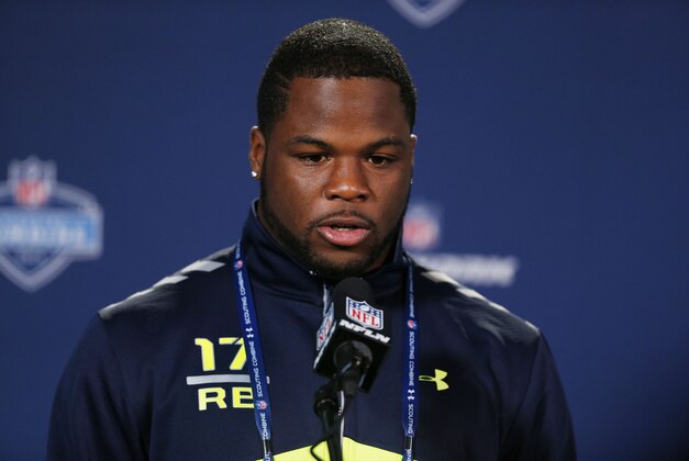 Feb 21, 2014; Indianapolis, IN, USA; Ohio State Buckeyes running back Carlos Hyde speaks to the media in a press conference during the 2014 NFL Combine at Lucas Oil Stadium. Mandatory Credit: Brian Spurlock-USA TODAY Sports