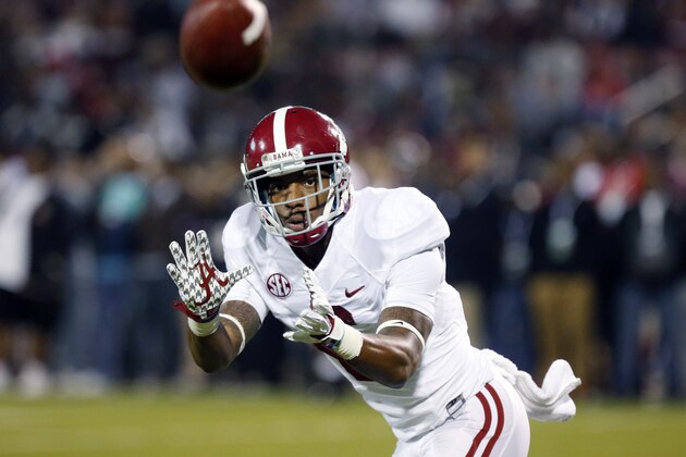 Alabama defensive back Ha Ha Clinton-Dix (6) catches a pass during pre-game warmups prior to the start an NCAA college football game against Mississippi State, Saturday, Nov. 16, 2013, in Starkville, Miss. Alabama won 20-7. (AP Photo/Rogelio Solis)
