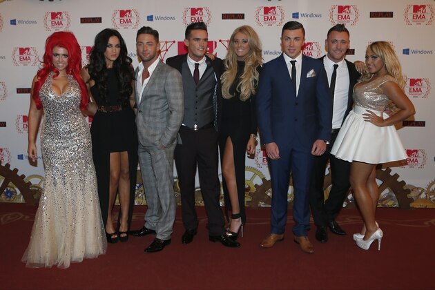The cast of Geordie Shore arrive on the red carpet of the 2012 MTV European Music Awards show at the Festhalle in Frankfurt, central Germany, Sunday, Nov. 11, 2012. (AP Photo/Frank Augstein)