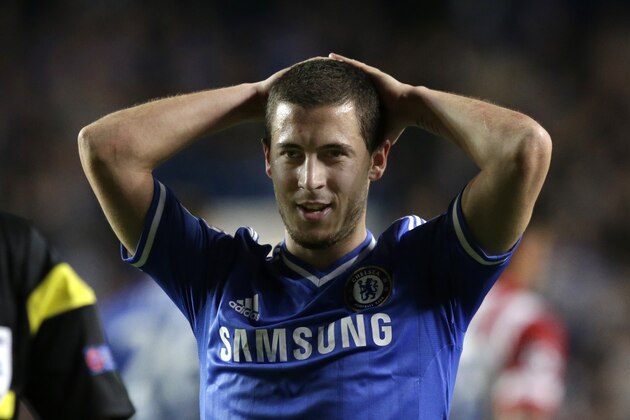 Chelsea's Eden Hazard, reacts after missing a chance on goal during the Champions League semifinal second leg soccer match between Chelsea and Atletico Madrid at Stamford Bridge stadium in London, Wednesday, April 30, 2014. (AP Photo/Matt Dunham)