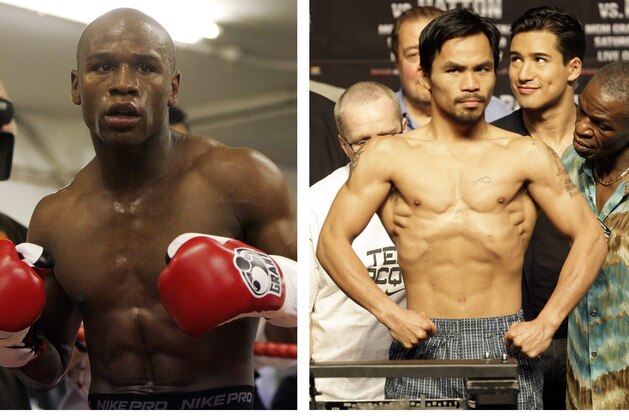 FILE - In this combination of file photos, U.S. boxer Floyd Mayweather Jr., left, prepares to spar at a gym in east London on May 22, 2009, and Manny Pacquiao, right, of the Philippines, weighs in for the junior welterweight boxing match against British boxer Ricky Hatton, May 1, 2009, in Las Vegas. The March 13 , 2010 megafight between Manny Pacquiao and Floyd Mayweather Jr. has been thrown into jeopardy. Mayweather's camp is demanding the fighters submit to Olympic-type drug testing in the weeks leading up to the bout. Leonard Ellerbe, Mayweather's manager, says the fight will not go on if Pacquiao doesn't agree to blood testing under standards followed by the United States Anti-Doping Agency. (AP Photos/Alastair Grant and Rick Bowmer, File)
