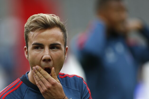FC Bayern Munich's Mario Gotze, during a  training session for the Super Cup soccer match, at the Eden stadium in Prague, Czech Republic, Thursday, Aug. 29, 2013. Munich will play Chelsea in a Super Cup soccer match on Friday. (AP Photo/Petr David Josek)