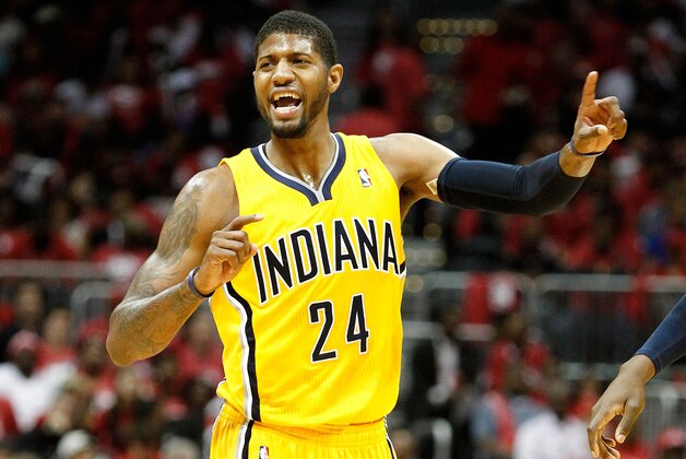 ATLANTA, GA - MAY 01:  Forward Paul George #24 of the Indiana Pacers yells to the bench in Game 6 of the Eastern Conference Quarterfinals against the Atlanta Hawks during the 2014 NBA Playoffs at Philips Arena on May 1, 2014 in Atlanta, Georgia.  NOTE TO USER:  User expressly acknowledges and agrees that, by downloading and/or using this photograph, User is consenting to the terms and conditions of the Getty Images License Agreement.  (Photo by Mike Zarrilli/Getty Images)