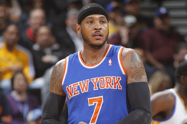OAKLAND, CA - MARCH 30: Carmelo Anthony #7 of the New York Knicks in a game against the Golden State Warriors on March 30, 2014 at Oracle Arena in Oakland, California. NOTE TO USER: User expressly acknowledges and agrees that, by downloading and or using this photograph, user is consenting to the terms and conditions of Getty Images License Agreement. Mandatory Copyright Notice: Copyright 2014 NBAE (Photo by Rocky Widner/NBAE via Getty Images)