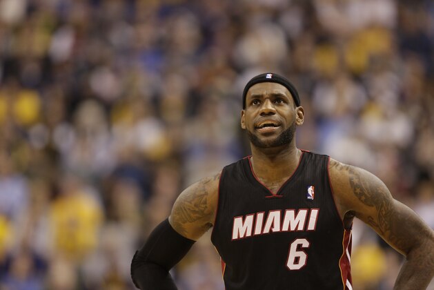 Miami Heat forward LeBron James (6) in action as the Indiana Pacers played the Miami Heat in an NBA basketball game in Indianapolis, Wednesday, March 26, 2014. The Pacers won 84-83. (AP Photo/AJ Mast)