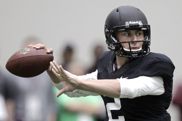 Texas A&M quarterback Johnny Manziel passes the ball during a drill at pro day for NFL football representatives in College Station, Texas, Thursday, March 27, 2014. (AP Photo/Patric Schneider)