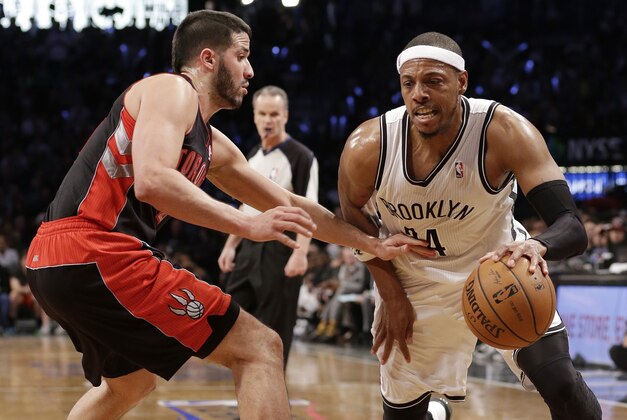 Toronto Raptors' Greivis Vasquez defends Brooklyn Nets' Paul Pierce (34) during the second half of Game 3 of an NBA basketball first-round playoff series Friday, April 25, 2014, in New York. The Nets won 102-98. (AP Photo/Frank Franklin II) Toronto Raptors' Greivis Vasquez defends Brooklyn Nets' Paul Pierce (34) during the second half of Game 3 of an NBA basketball first-round playoff series Friday, April 25, 2014, in New York. The Nets won 102-98. (AP Photo/Frank Franklin II)