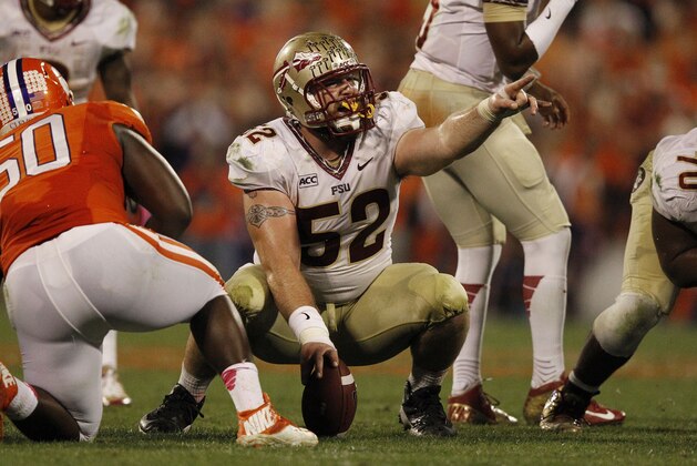 Florida State offensive linesman Bryan Stork (52) speaks during the first half of an NCAA college football game against the Clemson, Saturday, Oct. 19, 2013, in Clemson, S.C. (AP Photo/Mike Stewart) Florida State offensive linesman Bryan Stork (52) speaks during the first half of an NCAA college football game against the Clemson, Saturday, Oct. 19, 2013, in Clemson, S.C. (AP Photo/Mike Stewart)