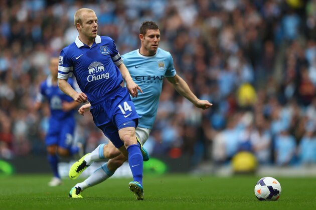 MANCHESTER, ENGLAND - OCTOBER 05: Steven Naismith (L) of Everton passes as James Milner (R) of Manchester City closes in during the Barclays Premier League match between Manchester City and Everton at the Etihad Stadium on October 5, 2013 in Manchester, England.  (Photo by Michael Steele/Getty Images)